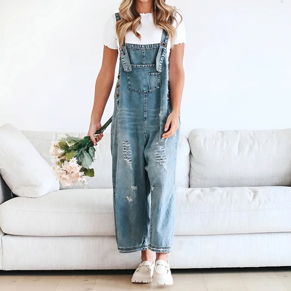 Salopette in denim ampio e consumato